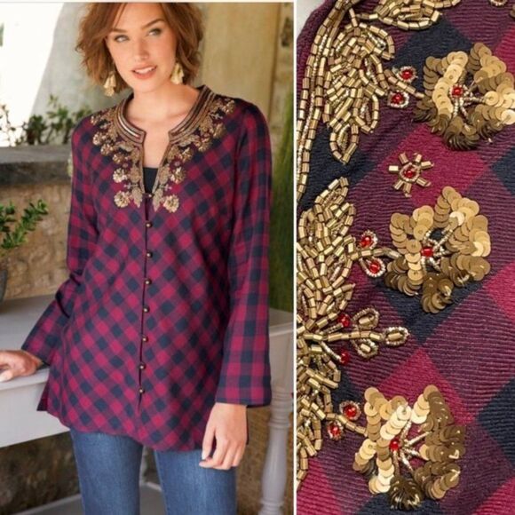 SOFT SURROUNDINGS Webster Plaid Check Tunic Top Button Front SEQUINS & BEADS L - Picture 1 of 15